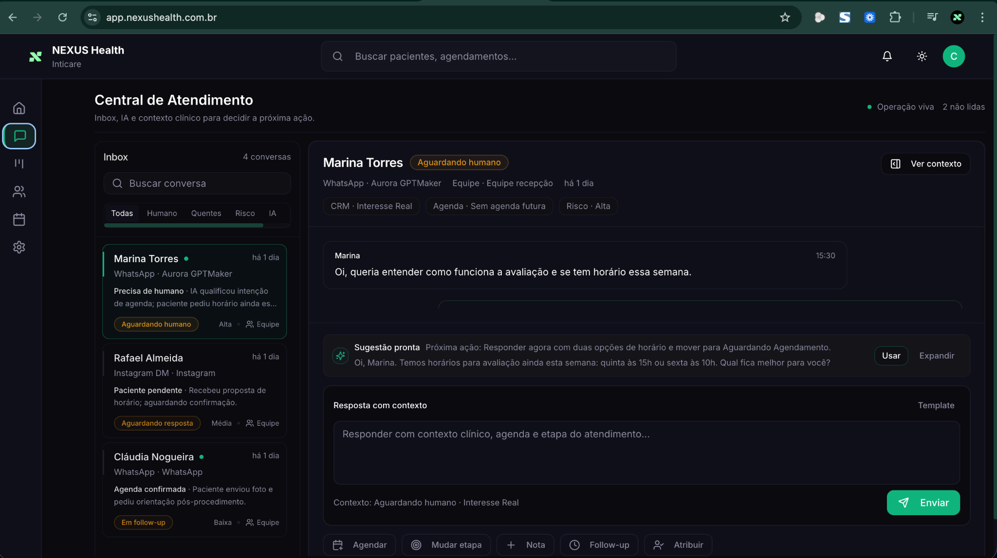 Central de Atendimento Nexus — inbox unificado com IA e equipe
